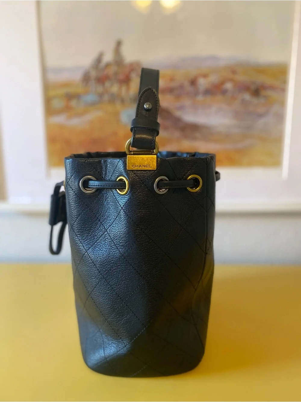 CHANEL Black Quilted Leather Drawstring Bucket Bag with Mixed Hardware